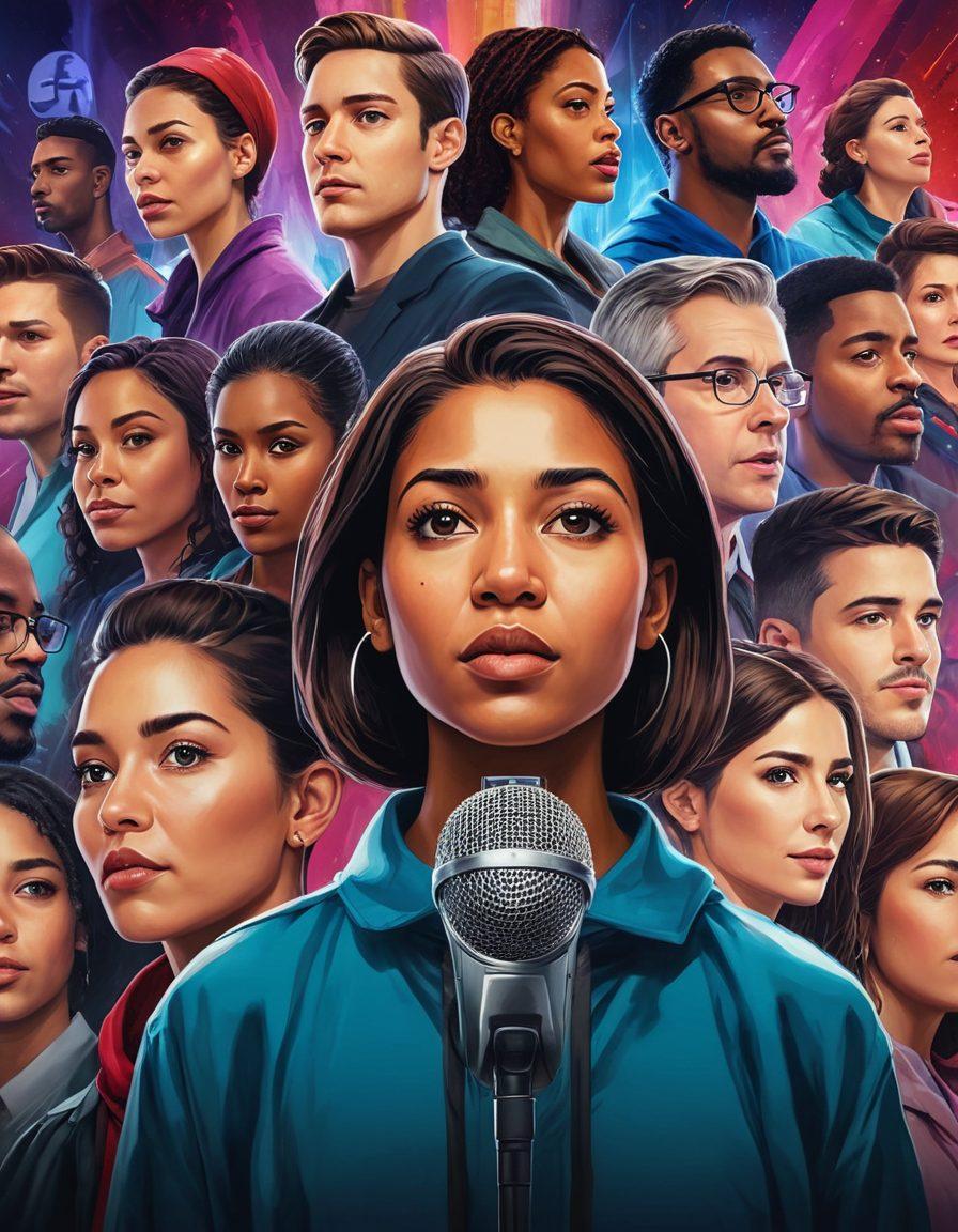 A diverse group of people from various backgrounds passionately speaking into microphones, surrounded by digital screens displaying social media icons and news headlines. A symbolic guardian figure in the background, representing truth and justice, stands protectively over them. Bright colors to convey energy and empowerment, with a modern, tech-inspired backdrop. digital art. vibrant colors. dynamic composition.