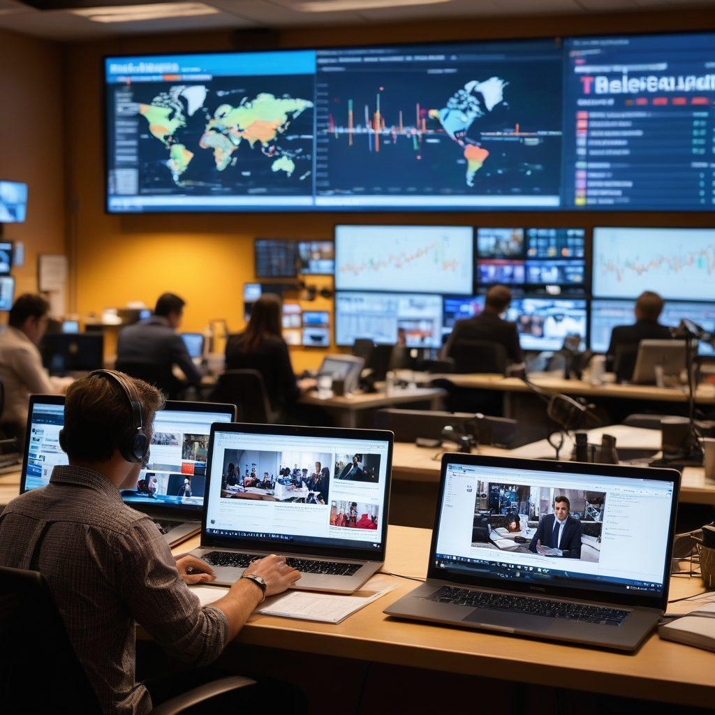A dynamic newsroom scene where journalists are collaborating on digital devices, reviewing breaking news articles and graphs on screens. One journalist is passionately writing an editorial piece while another is engaging in a video call for insights. Illustrations of data visualization and digital tools like cameras and microphones in the background, symbolizing the evolution of journalism. warm lighting, engaging atmosphere. super-realistic. vibrant colors.