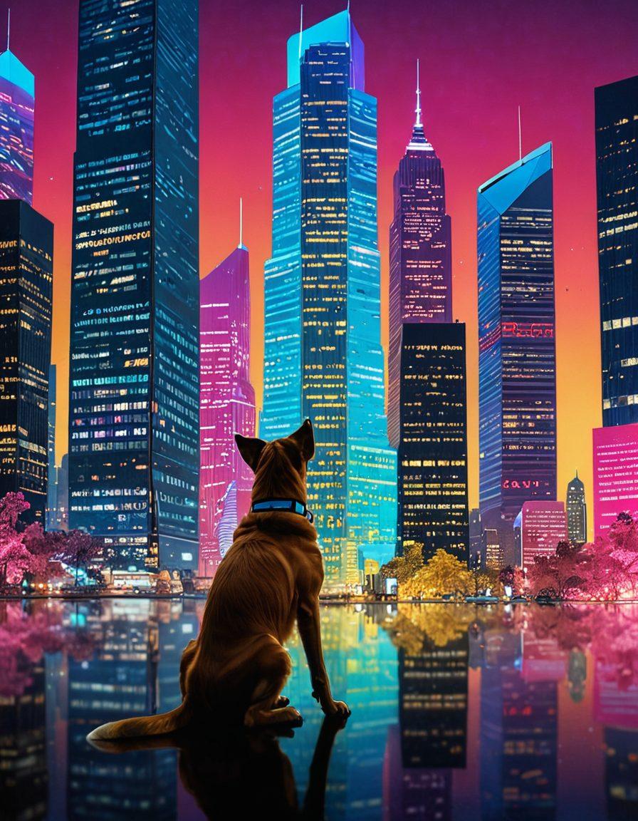 A digital landscape depicting various social media platforms as towering skyscrapers, with a large, watchful dog perched at the forefront, symbolizing vigilance. The sky is a blend of vibrant colors representing diverse opinions swirling around. Below, citizens are engaged in conversation, sharing ideas and knowledge through digital devices. Include elements of modern technology, like holograms or floating notifications. surrealism. vibrant colors. digital art.